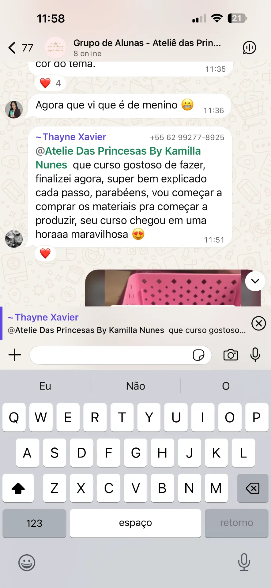 Depoimento de aluna no grupo