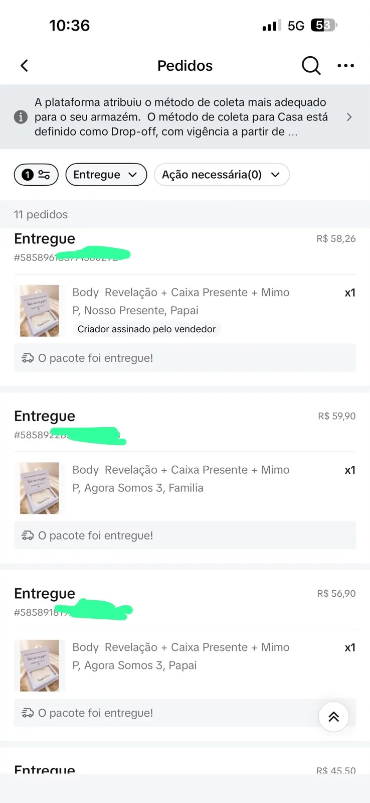 Print real de pedidos entregues dos produtos da Kamilla