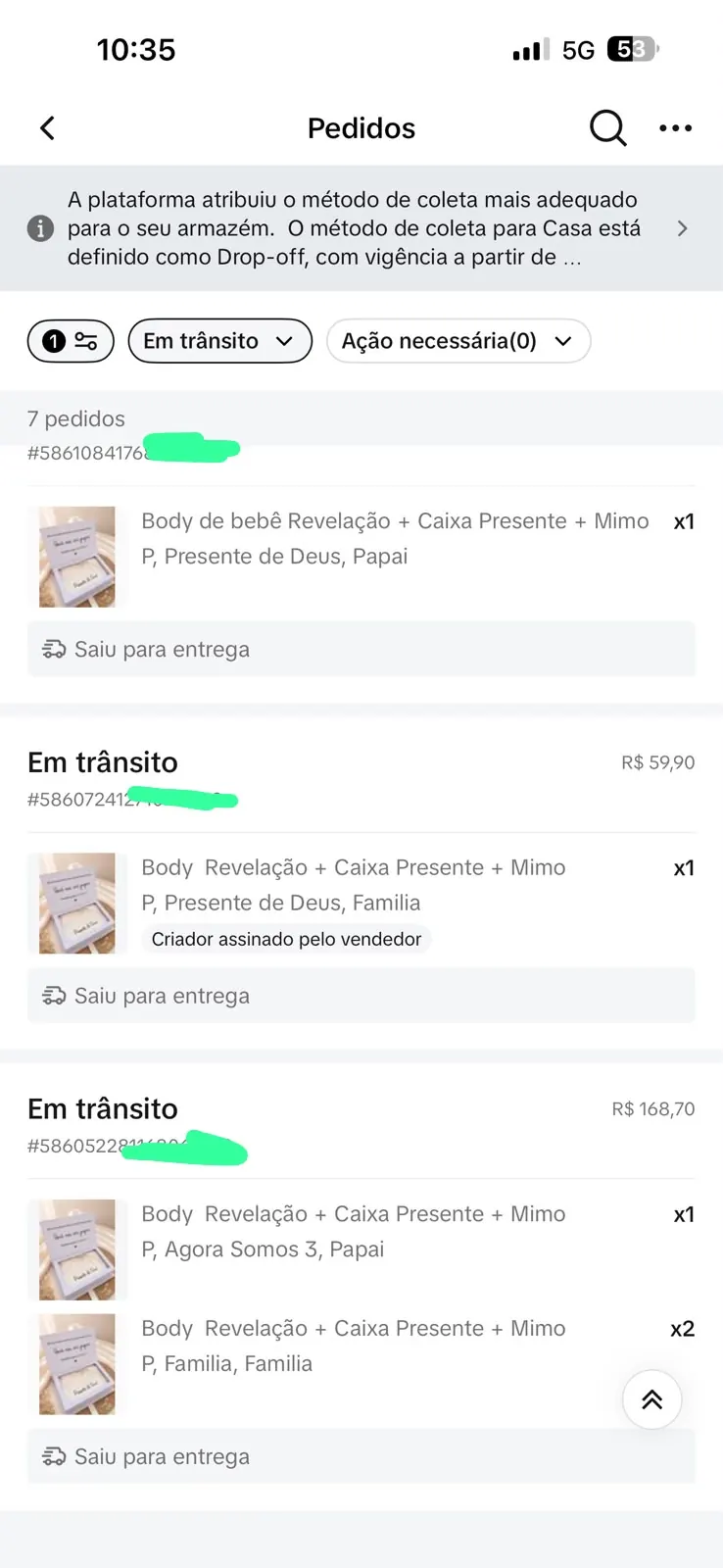 Print real de pedidos em trânsito dos produtos da Kamilla